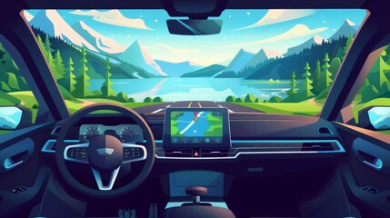 Wall Mural - Modern illustration showing driver dashboard with steering wheel and navigation screen. Spring highway and nature landscape backdrop from a manned vehicle windshield.