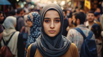 pretty, beautiful, very attractive middle eastern young woman looking at the camera posing at an Arab city market.