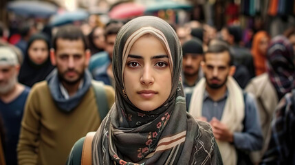 Wall Mural - pretty, beautiful, very attractive middle eastern young woman looking at the camera posing at an Arab city market.