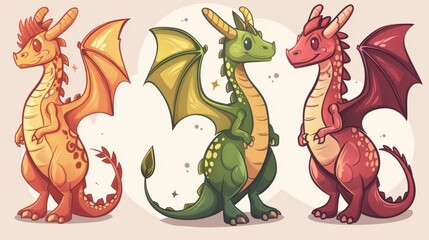 Wall Mural - Fantasy dragon set with brown, green and pink wings. Illustration of ancient mythological dinosaurs.