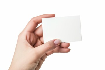  woman hand holding white and empty business card. 