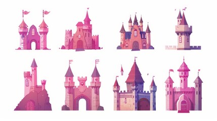 Sticker - Cartoon princess castle with pink trim. Magic kingdom tower for fantasy child's story. Medieval royal mansion architecture png icon set isolated on white.