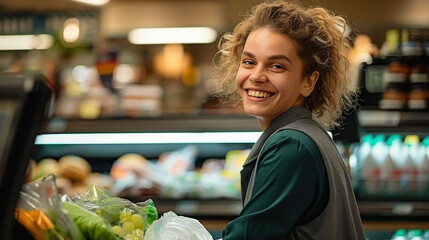 Smiling young female supermarket cashier worker