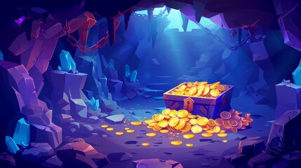 Wall Mural - A cave with piles of gold. Cartoon illustration of an underground dungeon with golden coins, gemstones, jewelry, medieval swords, and an adventure game background.