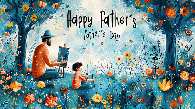 Father's Day celebration background adorned with a gift box mug calendar mustache heart shape