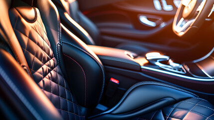 Poster - High angle view of luxury sport car front passenger seat and detail high end fabric and stitch texture along with blurred gear shift control buttons Design element and car interior bac : Generative AI