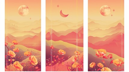 Wall Mural - An elegant modern illustration of retrowave posters with elegant decorations, floral design elements, moon, star icons on a yellow and red gradient background, y2k banners.