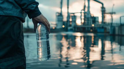 a striking photograph of a person holding a reusable water bottle against a backdrop of industrial w