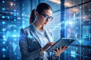 ablet and woman with data analysis