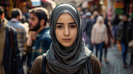 pretty, beautiful, very attractive middle eastern young woman looking at the camera posing at an Arab city market.