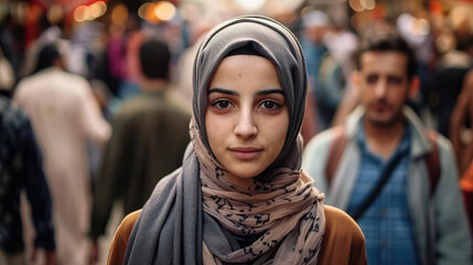 Wall Mural - pretty, beautiful, very attractive middle eastern young woman looking at the camera posing at an Arab city market.