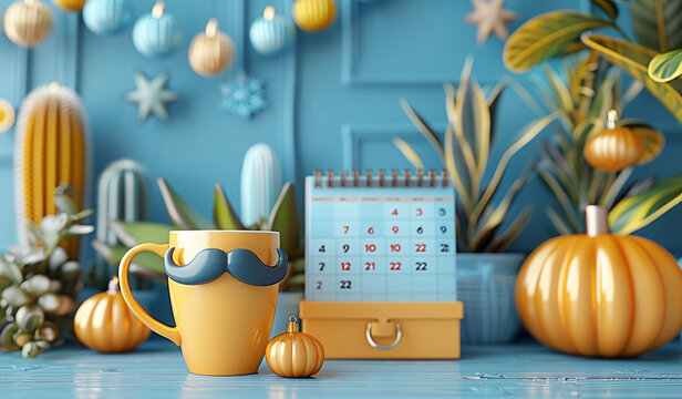 Father's Day celebration background adorned with a gift box mug calendar mustache heart shape