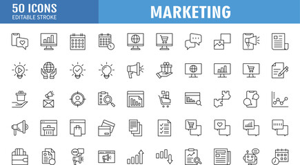 Digital marketing icon set. Containing seo, content, website, social media, sales and online advertising. Solid vector symbol collection.