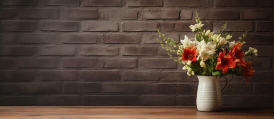 Aufkleber - Fresh flowers in vase on table near brick wall. copy space available