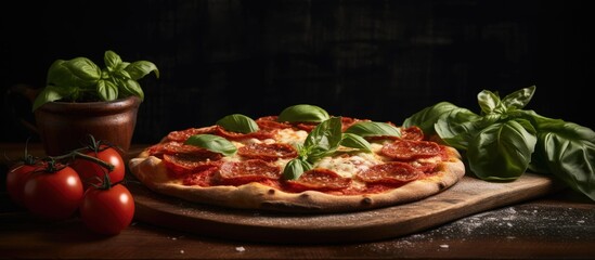 Poster - Delicious homemade pepperoni pizza topped with fragrant fresh basil leaves. copy space available