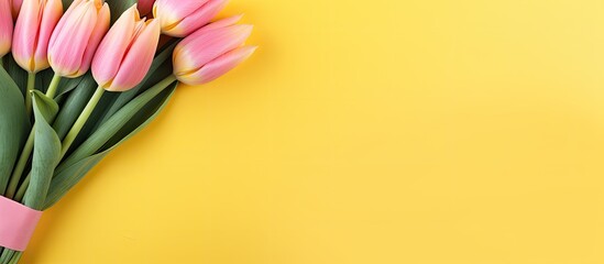 Poster - Gently pink tulips on the yellow background Spring background with a bouquet of flowers with copy space Flat lay