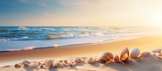 Wall Mural - Background of seashells on a sandy background. copy space available