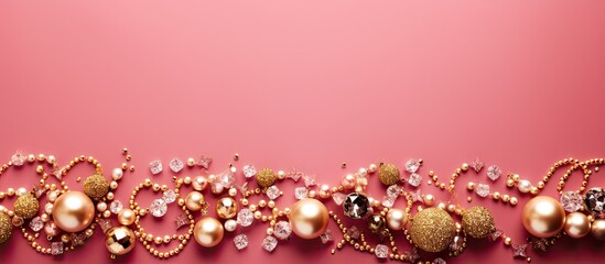 Wall Mural - Christmas Flat Lay Background Beautiful christmas golden shiny jewelry on a pink background New Year composition Holiday card Top view copy space