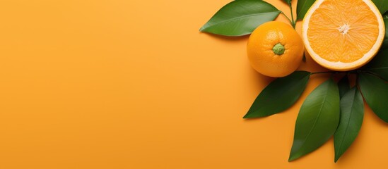 Poster - Fresh orange fruit with slice and green leaves isolated on orange color background Top view Flat lay. copy space available