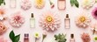 © Gular - Luxury cosmetics with dahlia flower and green leaf on pink background Luxury expensive fresh and floral perfume and nail polish top view flat lay. copy space available