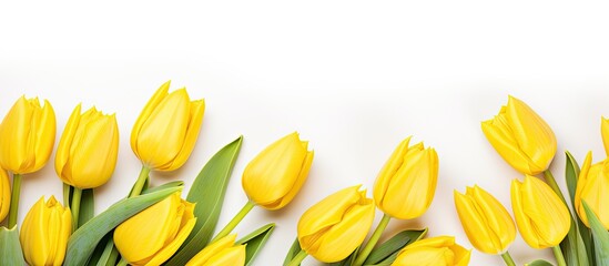 Aufkleber - Spring flowers Yellow tulips on white background top view space for text border. copy space available