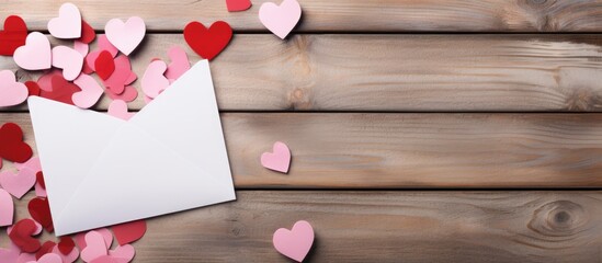 Poster - Mockup with postcard on white background pink hearts Letter with hearts Valentine day love letter Envelope from craft paper with red hearts heap spread on white wood background copy place