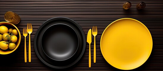 Wall Mural - Top view of a black wood table adorned with vibrant yellow tableware The image captures a flat lay perspective with ample copy space