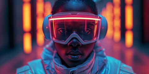 Wall Mural - close up of a person wearing a futuristic glasses, goggles and headphones in neon lights. 