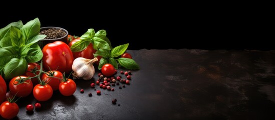 Aufkleber - Fresh tomatoes on dark stone table with green basil garlic Tomato concept copy space on black background