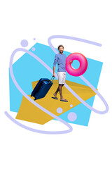 Poster - Vertical photo collage of happy man carry suitcase lifebuoy paper plane flight passenger summer vacation isolated on painted background