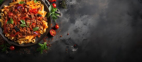 Poster - Stewed pasta with minced beef and vegetables macaroni in Navy style on a plate grey concrete background Copy space