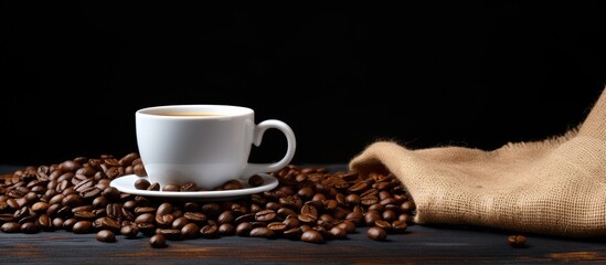 Poster - Coffee cup coffee beans and canvas bag on black table background Top view. copy space available