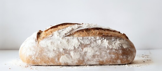 Poster - loaf of freshly baked bread floured on white background. copy space available