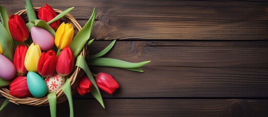 Aufkleber - A basket of colorful Easter eggs on wood table and red tulip are nearby a concept for Easter festival. copy space available