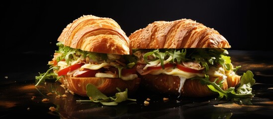 Poster - Tasty croissant sandwiches on dark background. copy space available