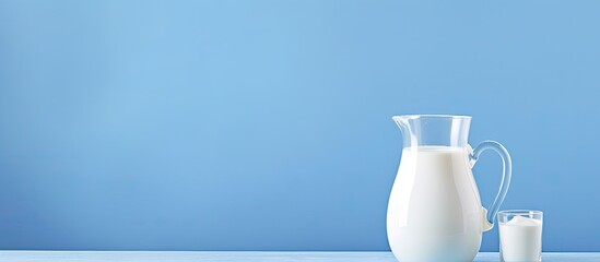 Poster - Jug with fresh milk on blue background. copy space available