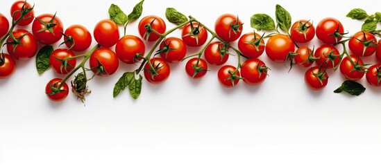 Wall Mural - Fresh cherry tomatoes on a white background floral pattern top view place for text Vegetarian vegan organic food and alkaline meal concept. copy space available