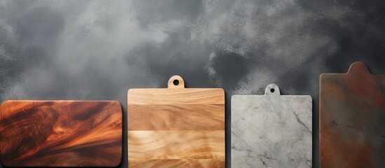 Poster - Aged wood cutting board set top view flat lay with copy space for text or your product on gray stone table background