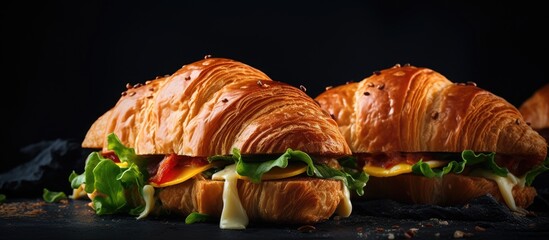 Poster - Tasty croissant sandwiches on dark background. copy space available
