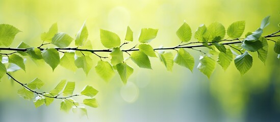 Sticker - Birch leaves in youthful green adorn the springtime backdrop as blossoming buds emerge Ample copy space available