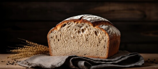 Aufkleber - Horizontal copy space image of a rustic homemade wheat bread displayed on a wooden background with a muted grey hue
