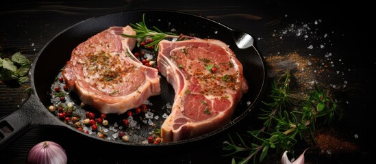Poster - Raw Pork chops on flying pan ready to cook with herb salt pepper with wooden flipper on dark background. copy space available