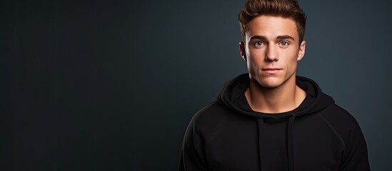 Color portrait of a young man in a black sweatshirt looking to the side against plain studio background. copy space available
