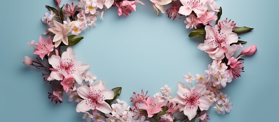 Wall Mural - Flowers composition creative Wreath made of light pink flowers on pastel blue background Flat lay top view copy space square