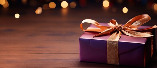 Fototapete - Wrapped christmas or other holiday handmade present in paper with colored ribbon Present box decoration of gift on table top view with copy space