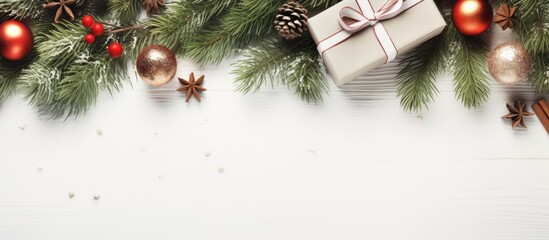 Poster - Top view of a Christmas themed arrangement featuring fir tree branches a gift box and festive decorations on a white wooden table Great for using as a copy space image