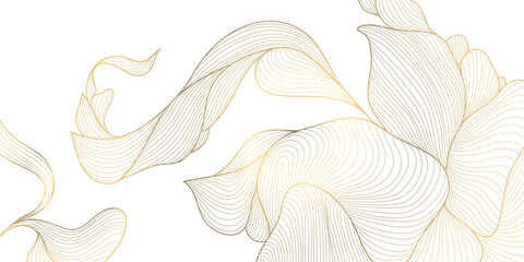 Vector golden flower background, luxury abstract line leaves composition. Art deco floral ornament, elegant summer print. Foliage drawing, vintage illustration 