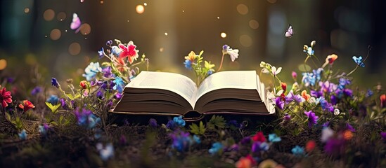 Aufkleber - Open book with branches and flowers background. copy space available