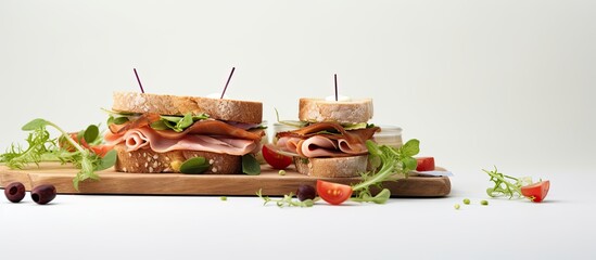 Poster - Plate with tasty sandwiches on white table. copy space available