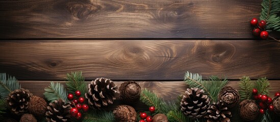 Aufkleber - Christmas background with fir branches pinecones and berries on the old wooden board in vintage style. copy space available